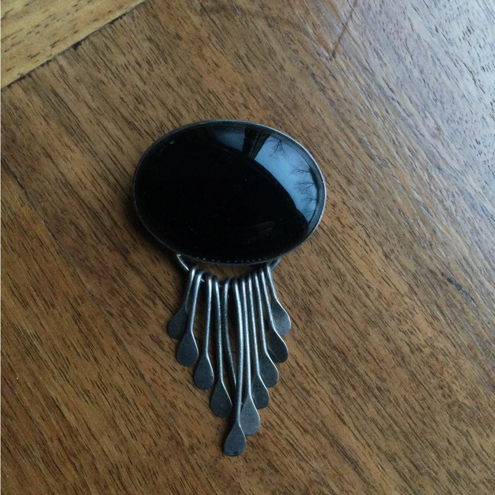Sterling Silver Black Onyx oval cabochon Pin Brooch Pendant AIS Mexico dangles